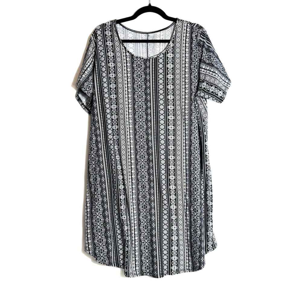 Bobbie Brooks Geometric Pattern Dress Women's Size Large Black White Stretch
